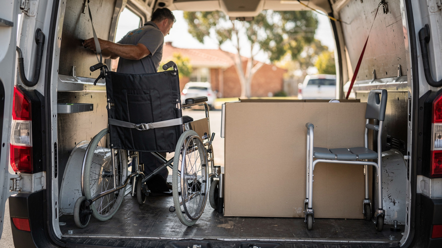 A driver secures straps inside an open delivery van holding a folded wheelchair, a large cardboard-boxed bed frame and a grey shower chair.