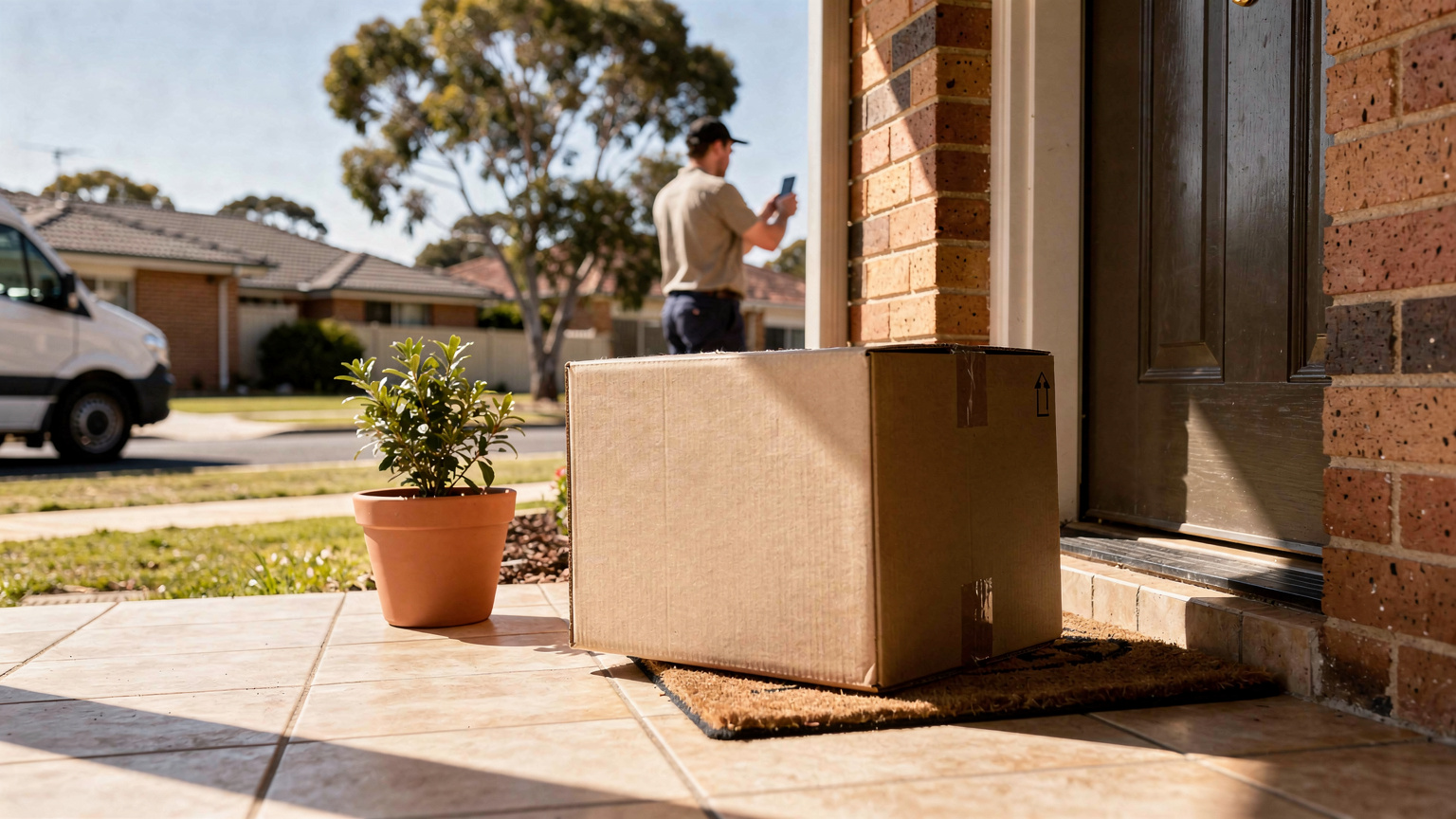 A cardboard parcel sits on a doormat beside a front door on a sunny suburban porch while a courier near a white van checks his phone.