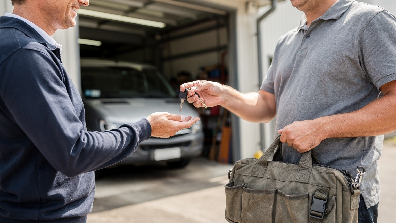 A man in a grey polo shirt holding a canvas tool bag hands vehicle keys to a smiling colleague outside a workshop, with a van parked behind.