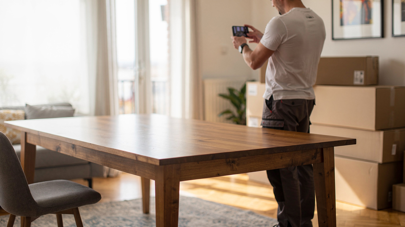 A delivery worker photographs a newly placed wooden dining table with his phone in a sunlit living room, with cardboard boxes stacked against the wall.