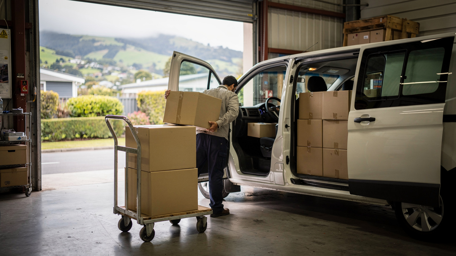 A delivery driver lifts a cardboard carton from a loaded trolley into a white van inside a depot loading bay, with green hills beyond.