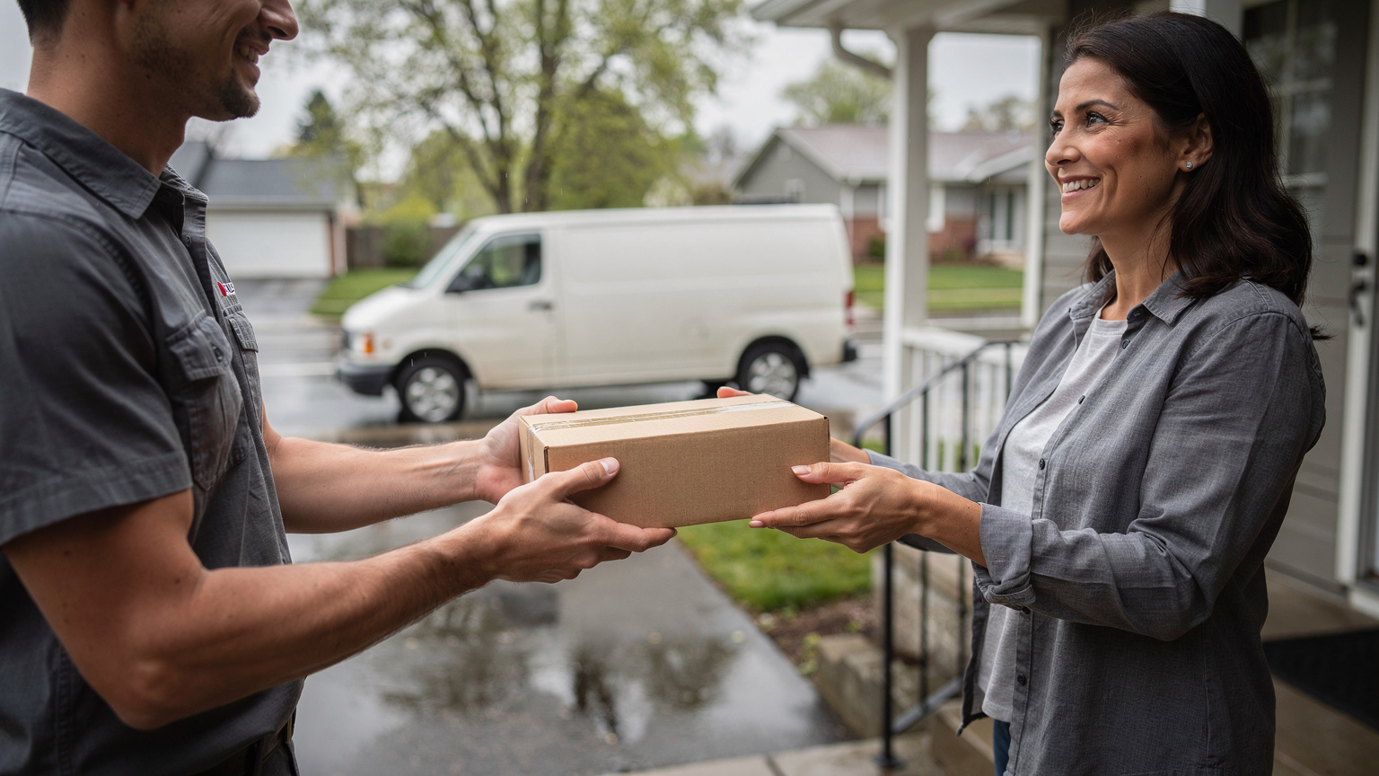 A delivery driver hands a cardboard parcel to a smiling woman on her front porch, with a white van parked on the wet residential street behind.