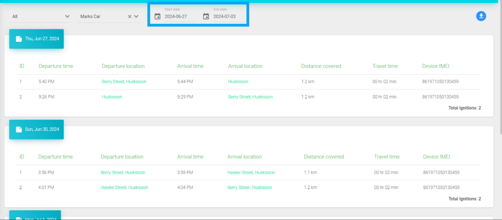 Locate2u Pulse Product Update 2.8.2 - Feature - Date range filter added for ingintion on and off report